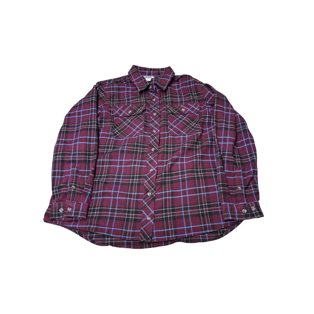 Duluth Trading Co Free Swingin Flannel Shirt XXL Burgundy Blue Plaid Button Down